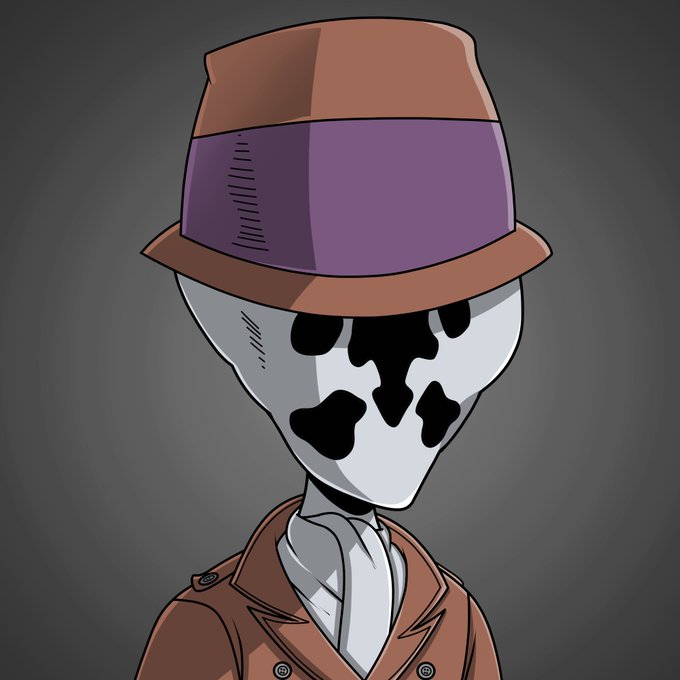 A stylized cartoon character with a skull-like mask featuring black hollow eyes and mouth, wearing a brown and purple fedora hat and a brown coat.