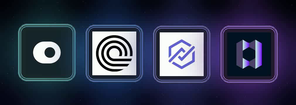 The image presents a line of four square icons arranged diagonally from left to right against a dark blue background, each displaying logos associated with different companies or organizations. In the top left corner, there's a logo that reads "ONDO finance", while in the bottom left corner, another company logo is visible. The middle icon features a company logo that resembles a circle and an arrow pointing downwards, possibly related to a project involving asset pricing models like beta calculation. The last square in the row has a logo with a white square and a purple triangle, which could be connected to a cryptocurrency-related project or a company focusing on blockchain technology.
