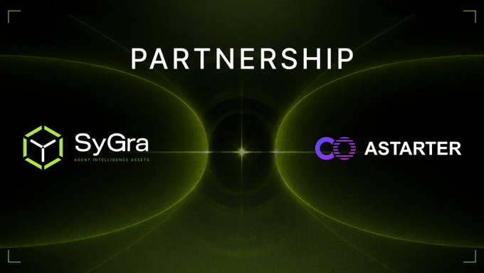A partnership announcement graphic featuring the SyGra ('Agent Intelligence Assets') logo on the left and the Astarter logo on the right against a glowing green background.