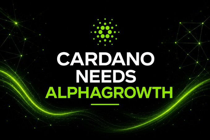 A graphic with the Cardano logo and text 'CARDANO NEEDS ALPHAGROWTH' in white and green text on a black background with green network patterns.
