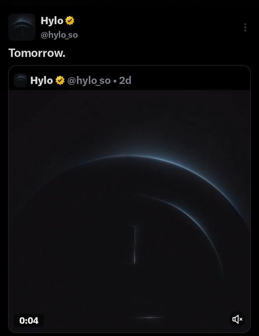 A Twitter post by 'Hylo (@hylo_so)' with the text 'Tomorrow.' features an attached video showing a dark sphere with a glowing blue edge and a video timestamp of '0:04'.