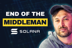 A thumbnail-style image featuring a man in a dark cap and gray hoodie on the right, with text on the left reading "END OF THE MIDDLEMAN" above the Solana logo. The image relates to the post by promoting an interview discussing Solana's history, its role in evolving finance by removing middlemen, and Toly's reference to Armani Ferrante as an inspiration.