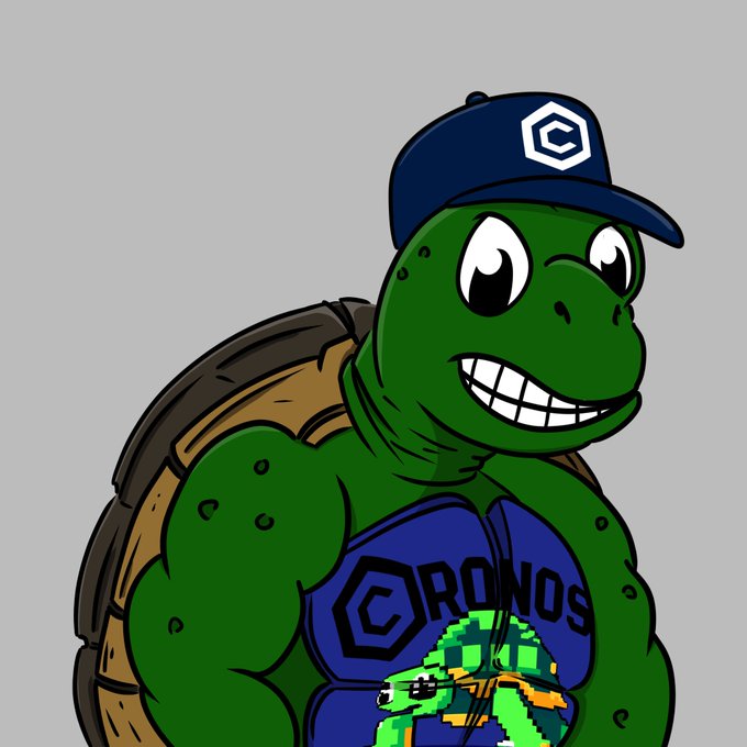 A cartoon illustration of a muscular Pepe the Frog wearing a Cronos cap and a blue shirt with the Cronos logo, holding a pixelated frog character.