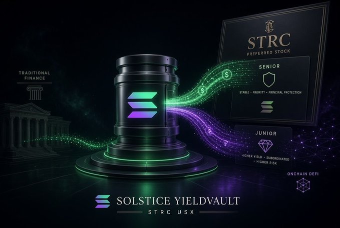 A promotional graphic for 'SOLSTICE YIELDVAULT' featuring a barrel with the Solana logo, contrasting Traditional Finance with Senior and Junior STRC Preferred Stock tiers.