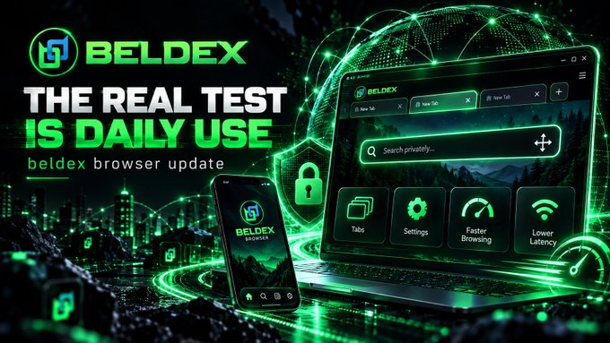 Promotional graphic for 'BELDEX' browser update with the tagline 'THE REAL TEST IS DAILY USE,' featuring a laptop and smartphone display with features like Tabs, Settings, Faster Browsing, and Lower Latency.