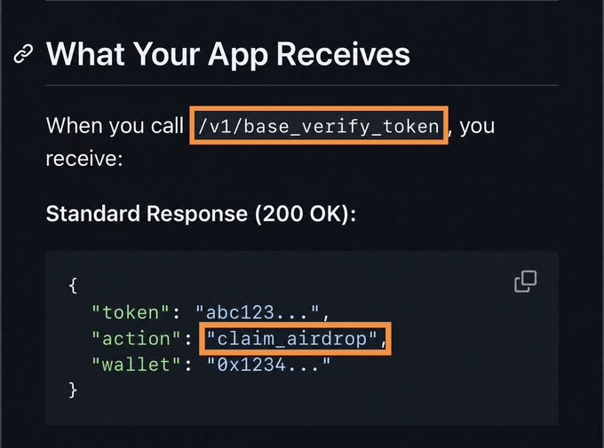 A dark-themed documentation page titled 'What Your App Receives' showing the API endpoint /v1/base_verify_token and a sample JSON response with action 'claim_irdrop'.