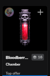 A mobile app interface displays a dark graphic of a skull-topped blood vial, with the text 'Bloodberr...', 'Chxmber', and 'Top offer' visible along with a count of 16.