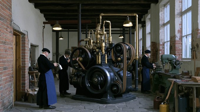 Workers in aprons and caps operate a large brass and black industrial steam engine inside a rustic brick workshop with tall windows.
