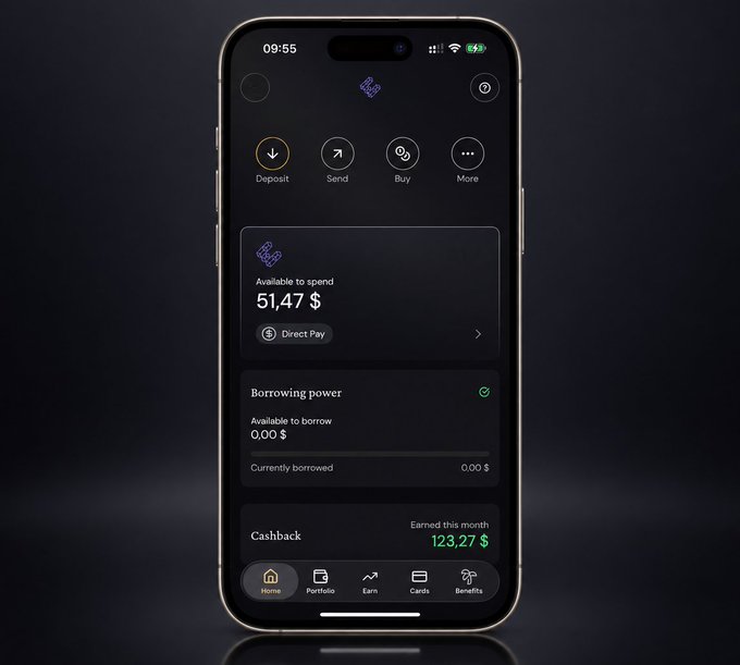 A smartphone screen displaying a banking or finance app interface showing an available balance of 51.47 $, a borrowing power section, and a cashback of 123.27 $ earned this month, with navigation options for Home, Portfolio, Earn, Cards, and Benefits.