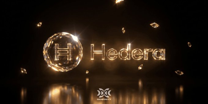 A glowing 3D render of the Hedera logo and name in gold against a dark background with floating diamond-like particles, branded with 'INFINITY' at the bottom.
