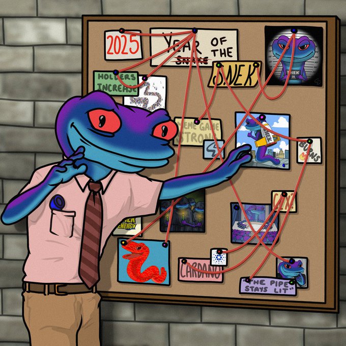 The image features a cartoon frog wearing a tie standing next to a bulletin board with various pictures of different animals such as a snake, turtle, and bird. The bulletin board also has text that reads "2025 Year of the Saver", which is related to the financial market trends in the year. The post seems to be discussing the current state of the stock market or predicting future trends based on past performance.