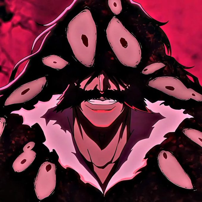 A dark, menacing anime-style character with long black hair obscuring most of their face, revealing only a sinister grin against a deep red background. The figure is surrounded by eerie white oval shapes resembling eyes, creating a haunting and ominous atmosphere.