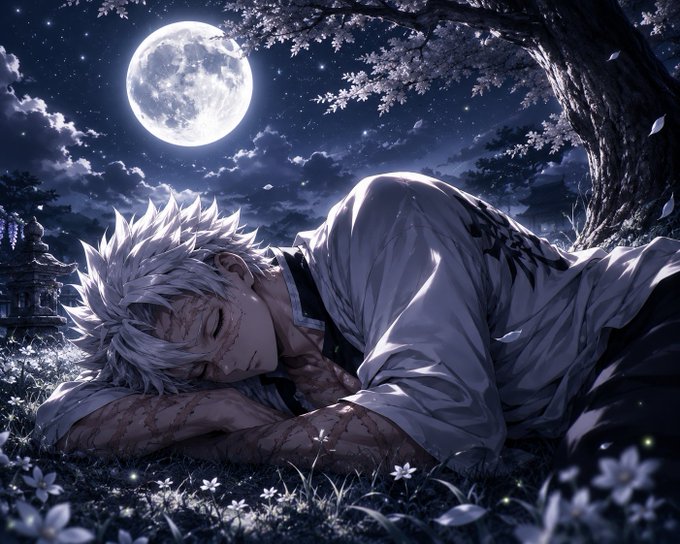 A silver-haired character with facial markings rests peacefully under a full moon surrounded by cherry blossoms and white flowers, evoking a quiet "goodnight" moment that matches the post's serene sign-off to the crypto community with wishes for sweet dreams and tomorrow's opportunities.