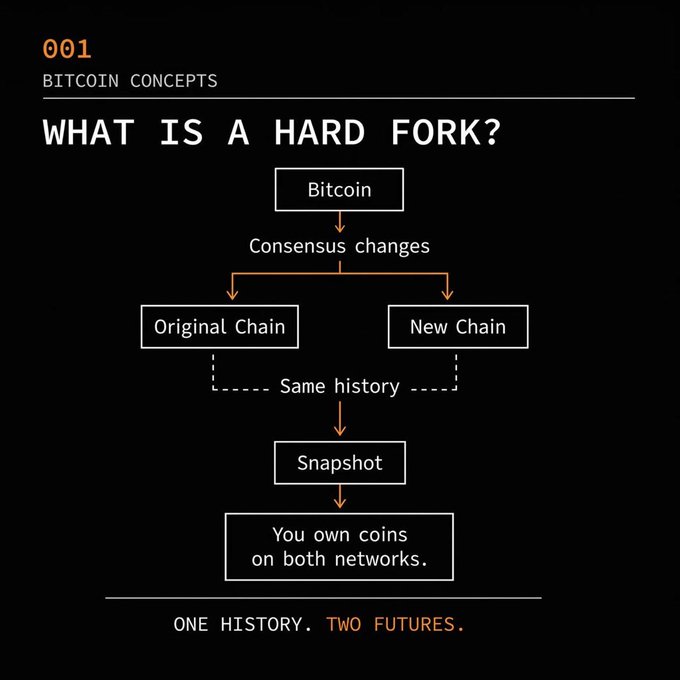 A dark-themed infographic titled "WHAT IS A HARD FORK?" under the "001 BITCOIN CONCEPTS" header, showing a flowchart where Bitcoin undergoes consensus changes that split into an "Original Chain" and a "New Chain" with shared history, culminating in a snapshot that grants owners coins on both networks—taglined "ONE HISTORY. TWO FUTURES." The image relates to the post by visually explaining blockchain forking concepts, providing context for the mention of BIP-110 as a softfork affecting Bitcoin holders.