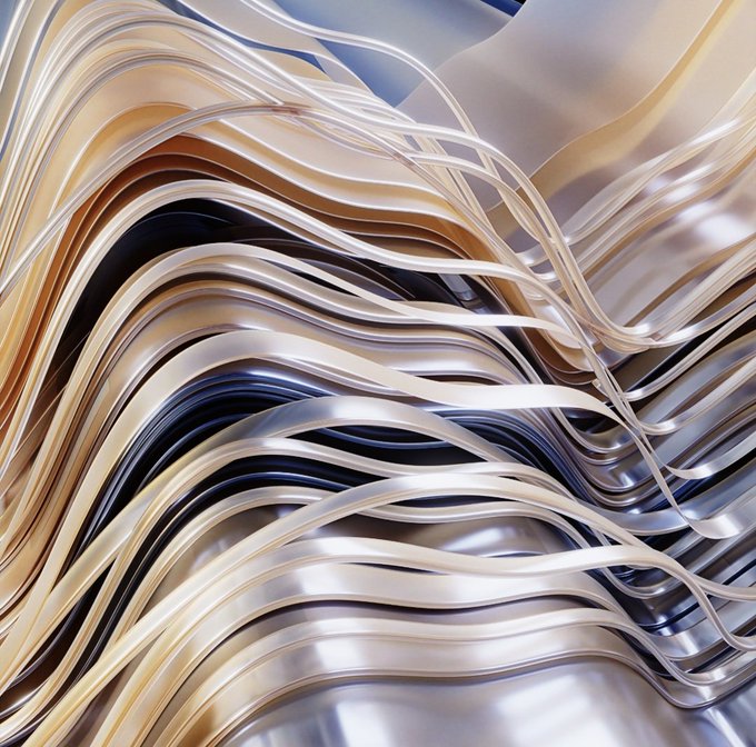 Abstract digital artwork featuring flowing, ribbon-like waves in metallic silver, gold, and blue tones creating a fluid composition.