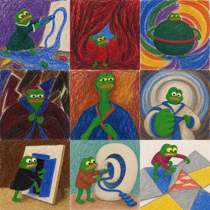 A 3x3 grid of pencil-drawn illustrations depicting a green Pepe the Frog character in various scenarios styled after iconic works by Edvard Munch, Vincent van Gogh, and Pablo Picasso (such as "The Scream," "Starry Night," and cubist compositions). The image relates to the post by humorously representing Pepe as a fine art NFT collection, suggesting collectors who minted the artwork for free have seen significant gains.