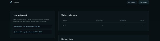 A dark-mode xStonk dashboard shows “How to tip on X,” wallet balances for SOL, and a “Recent tips” section. It illustrates the updated @xStonkSOL tipping workflow, with the example command “@xStonkSOL tip @username $10 SOL.”