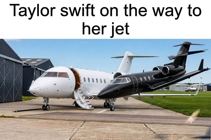 A meme image captioned 'Taylor swift on the way to her jet,' showing two private jets—one white and one black—parked nose-to-nose on a tarmac.