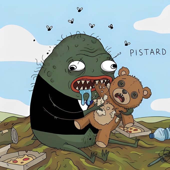 A cartoonish illustration of a grotesque green monster devouring a teddy bear, surrounded by flies, pizza boxes, and trash in a muddy outdoor setting, with the word 'PISTARD' written in the upper right.