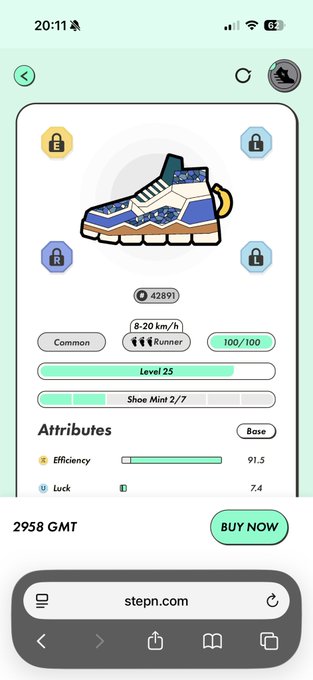 The image shows a phone screen displaying an app called "Stepn", which appears to be a shoe shopping app. The app has a green background with white text, and there are several icons representing different features of the app such as "Shoe Heat" and "Shoe Size". The app is open in a shopping cart mode, suggesting that the user might be browsing or adding items to their cart.