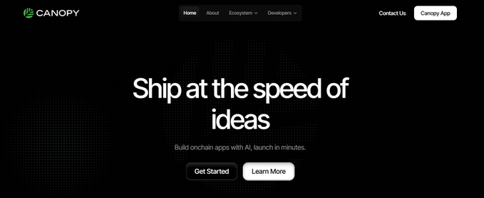 The image shows a website called "Canopy" with a black background featuring white text that reads "Ship at the speed of ideas". The website appears to be focused on launching new apps, as indicated by the phrase "Build an app with launch in minutes." This suggests that the platform is designed for users who want to quickly develop and launch their own mobile applications.