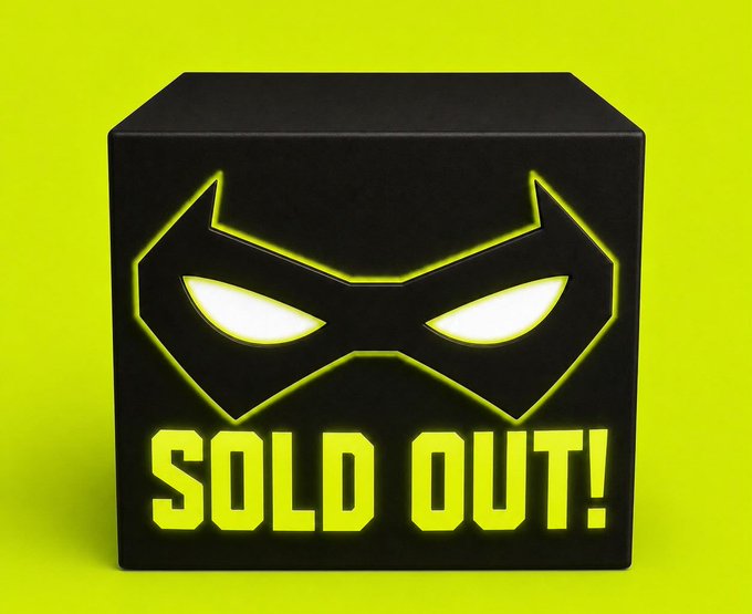 A black 3D box icon with a glowing yellow Batman-style mask logo and 'SOLD OUT!' text on a bright yellow-green background.