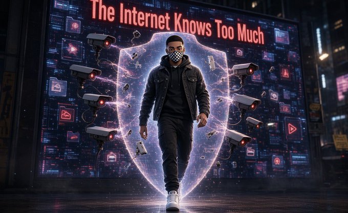 A man wearing a checkered mask walks confidently through a glowing digital shield, surrounded by surveillance cameras and floating data icons, under the bold text "The Internet Knows Too Much." The imagery visually reinforces the post's message about escaping constant online tracking by highlighting BeldexCoin's privacy tools—BDX, BChat, Beldex Browser, and BelNet—as essential shields against data exposure.