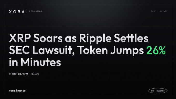A news graphic from xora.finance with the headline 'XRP Soars as Ripple Settles SEC Lawsuit, Token Jumps 26% in Minutes,' showing XRP at $0.9994.