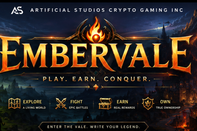 A promotional banner for "EMBERVALE" by Artificial Studios Crypto Gaming Inc, featuring fantasy artwork with the tagline "PLAY. EARN. CONQUER." and icons for Explore, Fight, Earn, and Own features.