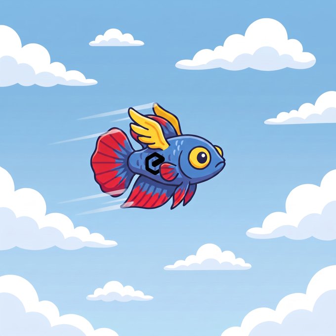 A cartoon illustration of a blue betta fish with red and yellow fins flying through a light blue sky filled with fluffy white clouds.