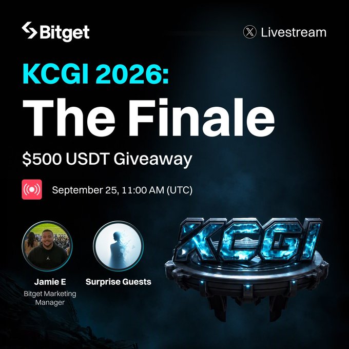 Bitget promotional graphic for "KCGI 2026: The Finale," featuring a $500 USDT giveaway livestream on September 25 at 11:00 AM (UTC), with hosts Jamie E and surprise guests.