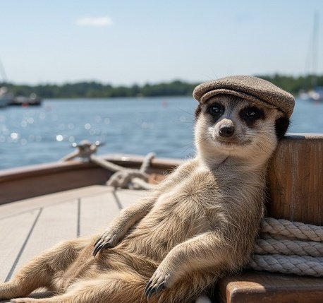 The image features a brown and white meerkat wearing a hat, sitting on a wooden boat with ropes tied around its legs. The boat appears to be floating on water near a shoreline or dock area. In the background, there are several boats visible in the distance. The caption of the image reads "Good morning everyone. @quipnetwork said why waste compute on useless puzzles when you can secure a chain and solve real world problems at the same time proof of useful work means miners are out here crunching finance logistics and healthcare data while keeping the network".