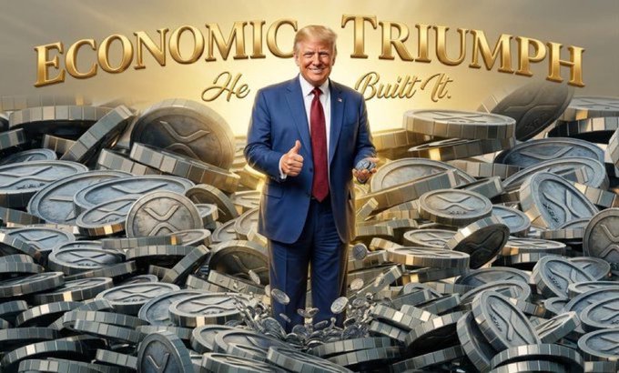 The image is a promotional graphic titled "ECONOMIC TRIUMPH" in bold gold lettering, featuring Donald Trump standing in a pile of crypto coins and giving a thumbs-up. It visually celebrates Trump's pro-crypto agenda, aligning with the post's claim about the Clarity Act and his vision for America as a global crypto capital.