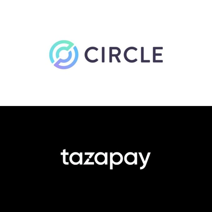 Two company logos displayed vertically: the 'CIRCLE' logo with a blue and teal gradient circular icon on a white background, and the 'tazapay' logo in white text on a black background.