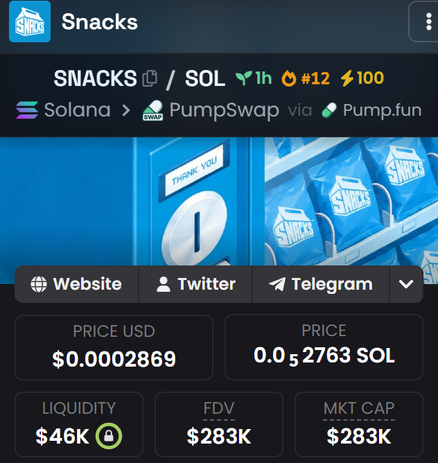 A screenshot from a cryptocurrency tracking app showing a token called 'Snacks' (SNACKS) trading on Solana via Pump.fun, with a price of $0.0002869 USD, liquidity of $46K, and market cap of $283K.