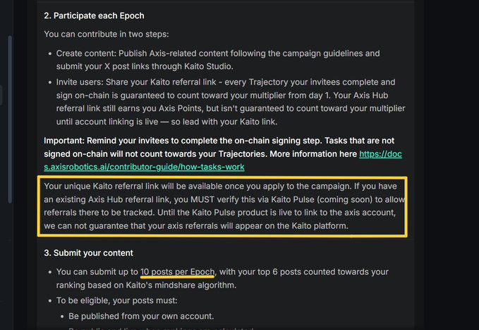 Documentation page explaining 'How tasks work' for the Kaito Katalyst campaign, detailing the two-step process of creating content and inviting users, with a yellow box emphasizing instructions for Axis Hub referral verification.