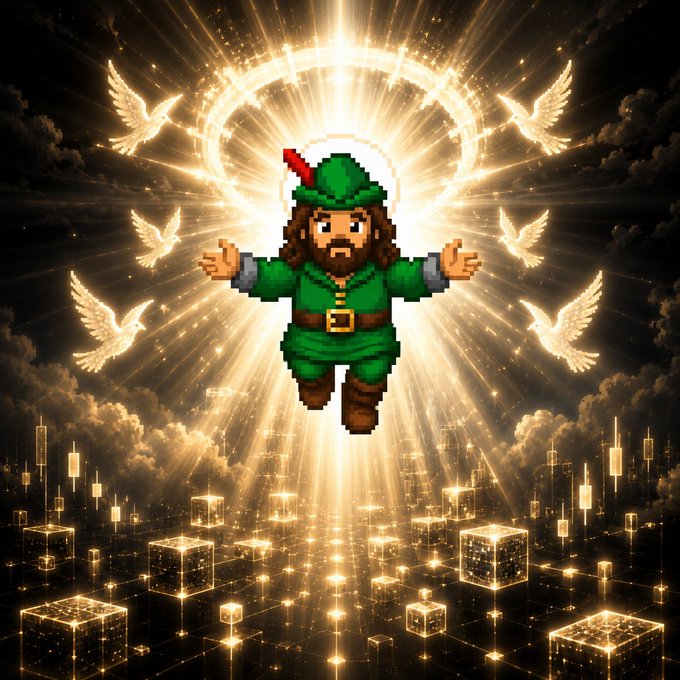 A pixel art character wearing a green outfit and Robin Hood-style hat floats with arms outstretched against a glowing golden halo, surrounded by white doves and floating luminous cubes.