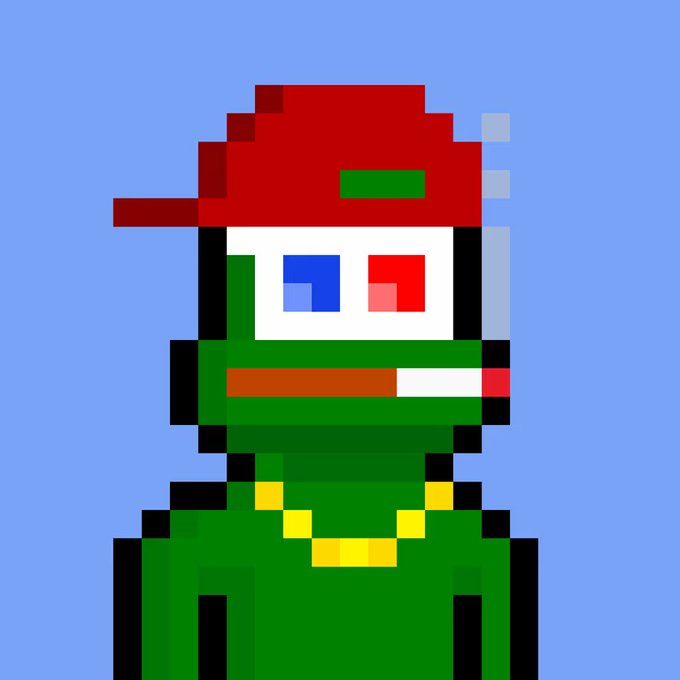 A pixelated green character with a red backwards cap, 3D glasses, and a gold chain is displayed against a blue background. The image visually references V0 Punks and Nakamigos, pixel-art NFT collections from the CryptoPunks ecosystem, matching the post about leveraging crypto holdings.