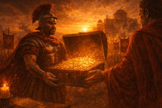 A dramatic, painterly illustration of a Roman centurion receiving a chest of glowing treasure from a robed man, set against a sunset with classical architecture in the background.
