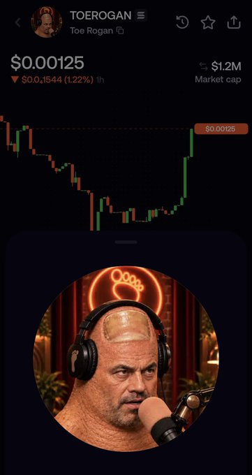 A crypto tracker shows "TOEROGAN" (Toe Rogan) trading at $0.00125 with a $1.2M market cap, featuring a candlestick chart and a profile image of a bald man wearing a bandaid on his forehead and large headphones in front of a neon microphone—visually playing on the "Toe Rogan" name pun mentioned in the post about Solana meme coins.