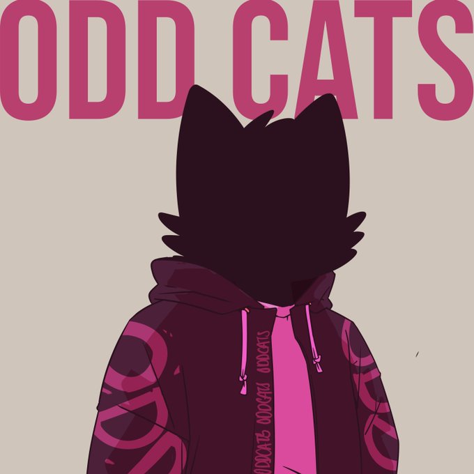 The image features a cartoon cat wearing a pink hoodie with white text that says "ODD CATS" written in black letters. The cat has its head turned to the side, giving us a view of its face. There are also some circles on the cat's chest and neck area.