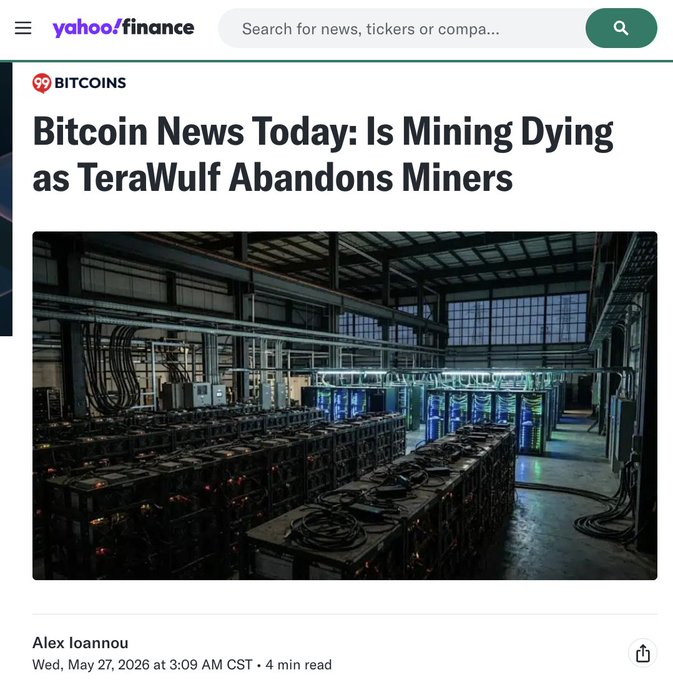 The image shows a computer screen with an article titled "Bitcoin mining is dead" displayed, along with some text explaining that Bitcoin is no longer mining, as it has aged poorly over time. There are also other texts that refer to Bitcoin being a dying industry, and how Bitcoin miners will soon be left with nothing to mine or sell.