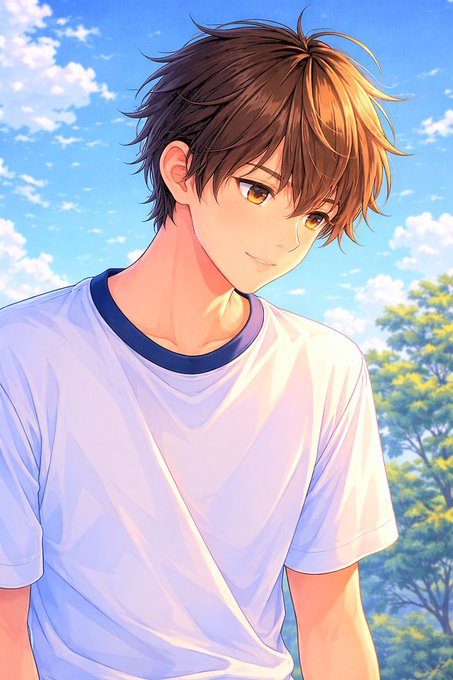 An anime-style illustration depicts a young man with brown hair wearing a white t-shirt with navy trim, set against a backdrop of blue sky and clouds.