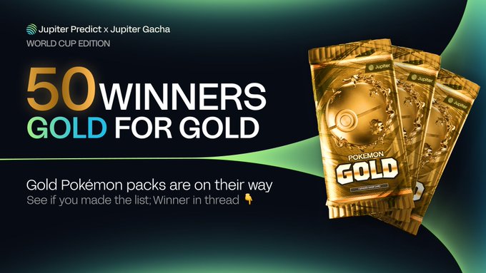 The image is a promotional graphic announcing "50 WINNERS - GOLD FOR GOLD" for the Jupiter Predict x Jupiter Gacha World Cup Edition, featuring three gold Pokémon Trading Card Game packs fanned out on the right side. It directs users to check a winner thread to see if they made the list, tying directly to the post's announcement about claiming free $50 Gacha Packs for World Cup Finals predictions.