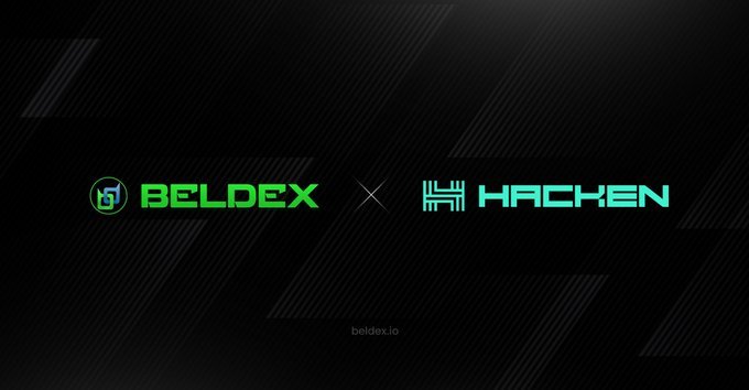A promotional graphic with a dark background displaying the logos "BELDEX" and "HACKEN" separated by an "x", indicating a partnership, with "beldex.io" written at the bottom.