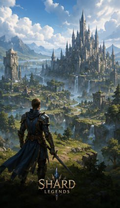 Digital fantasy artwork for the game 'SHARD LEGENDS', showing a warrior with a sword overlooking a vast landscape with a grand castle and waterfalls in the distance.