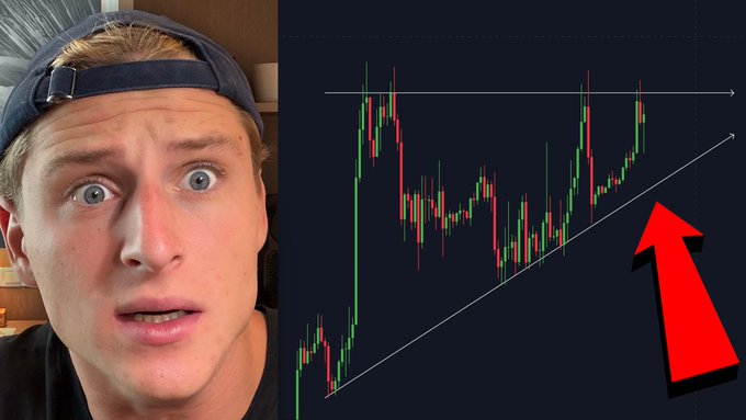A young man with a surprised expression appears alongside a Bitcoin candlestick graph showing a rising trend, with a large red arrow pointing upward to emphasize the projected price increase. The image matches the post's message of anticipation for Bitcoin's significant upward movement.