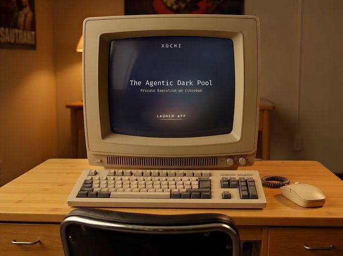 A vintage beige desktop computer with a CRT monitor displaying 'XOCHI - The Agentic Dark Pool - Private Execution on Ethereum' with a 'LAUNCH APP' button, accompanied by a keyboard, mouse, and a chair in a dimly lit room.