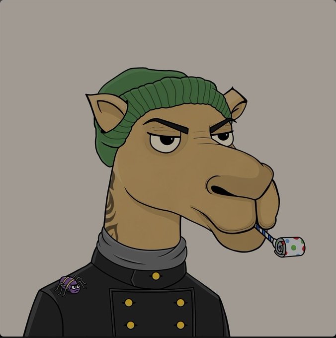 A cartoon illustration of a camel-like character wearing a green beanie and black military-style jacket with gold buttons, smoking a patterned joint.