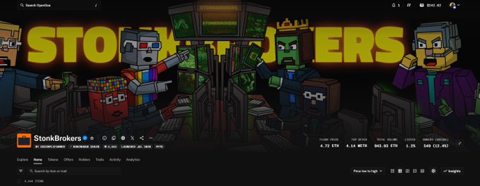 A website banner for 'StonkBrokers' featuring cartoon characters in a stock trading setting, with a token ticker showing a price of 4.72 ETH, market cap of 6.54 METH, and 24-hour volume of 843.93 ETH.